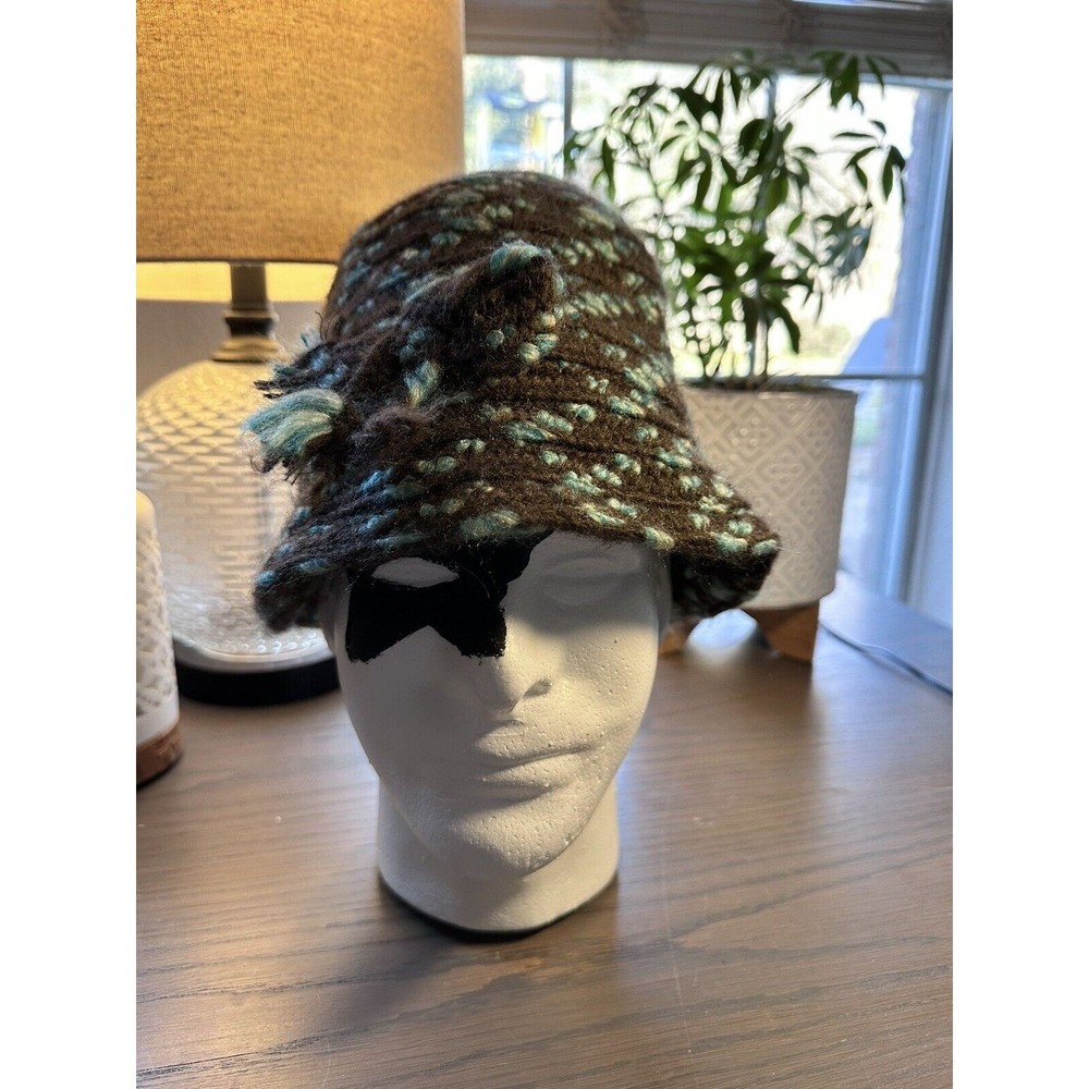 Woolrich Womens Knit Cloche Bowler Bowknot Winter Hat Brown & Teal Fuzzy